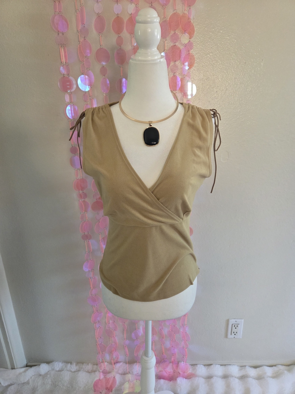Y2K Moa Moa Tan Ruched Tie-Shoulder Top